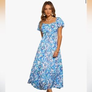 Women's Allegra K Blue Floral Puff-Sleeve Maxi Dress